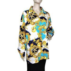 Vintage 80s Baroque Nautical Brocade Shells Chains Scarf Print Statement Blouse